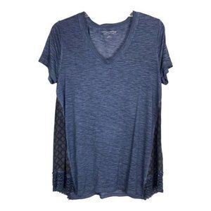 Soft Surroundings Womens Shirt Size Small S Blue V Neck Short Sleeve Crochet